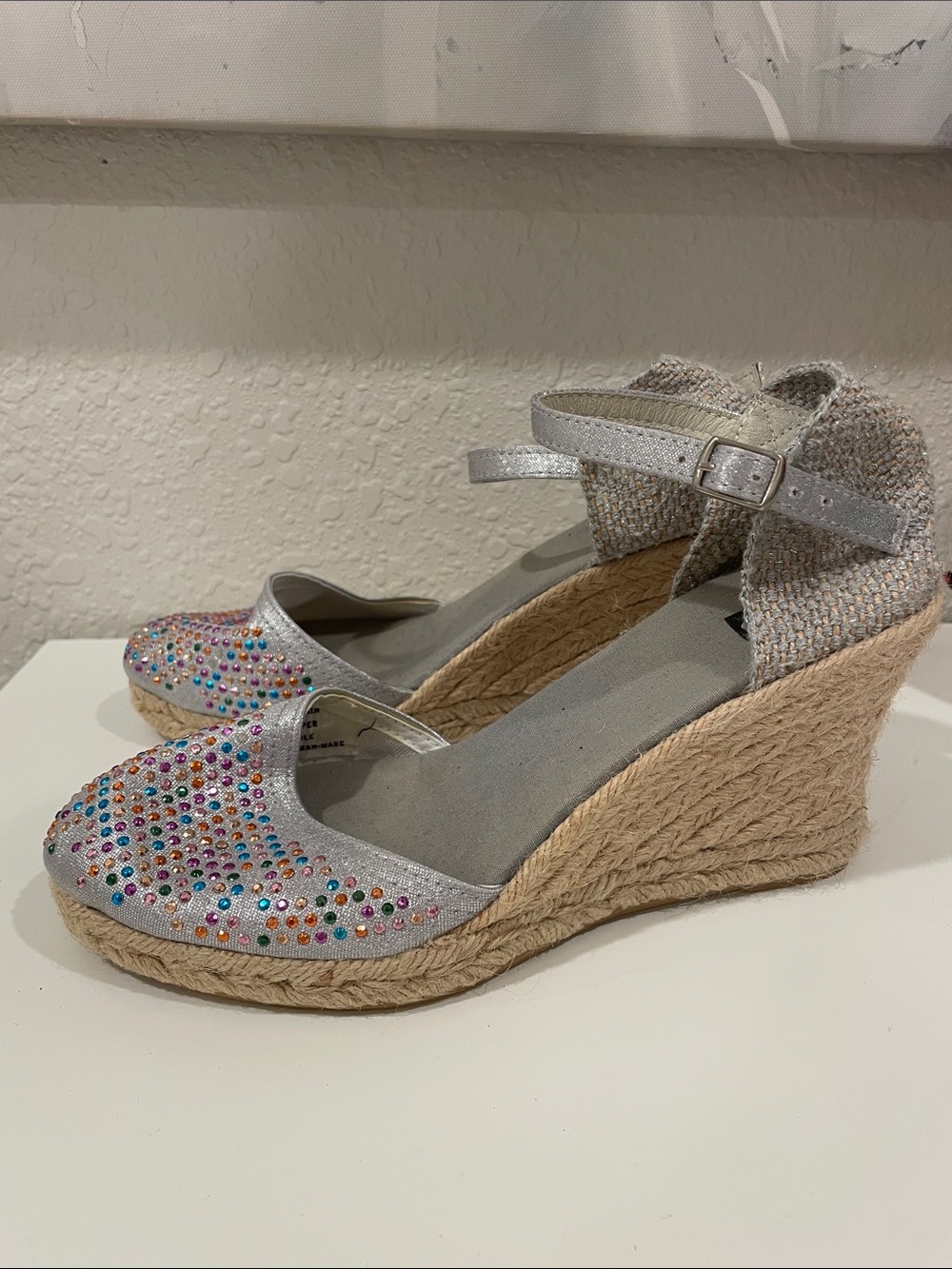 Sesto Meucci Silver Espadrille Heels with Multicolor Rhinestones